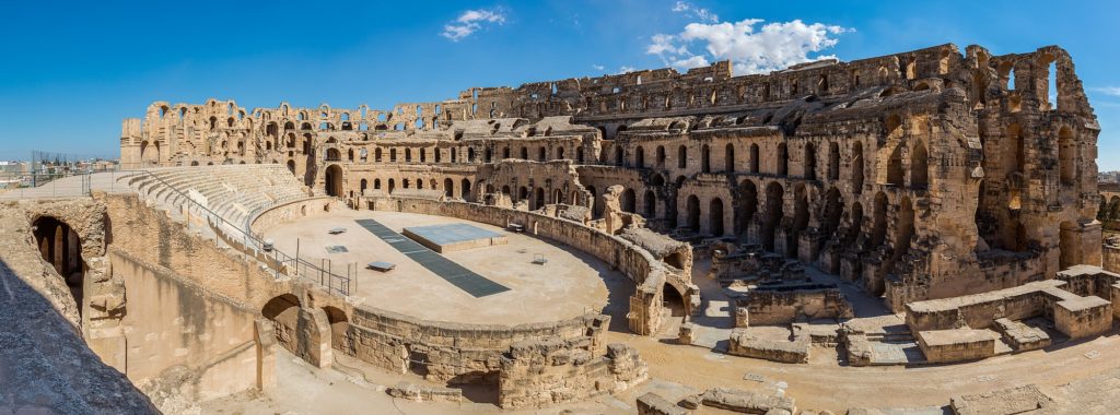 Panoramic view of the Amphitheatre of El Jem, an archeological site in the city of El Djem, Tunisia. Diego Delso CC BY-SA.