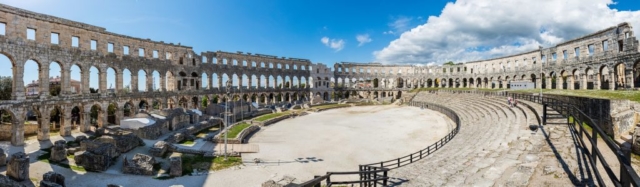 Panoramic view of the interior of the Pula Arena, an amphitheatre located in Pula, Croatia.
