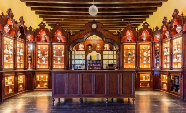 Former municipal pharmacy of Jerez de la Frontera, Andalusia, Spain. The pharmacy dates from 1841 and used to serve to the former Hospital de La Merced. The pharmacy is located in the second floor of the Palace of Villavicencio, which is situated within the Alcazar of Jerez de la Frontera.