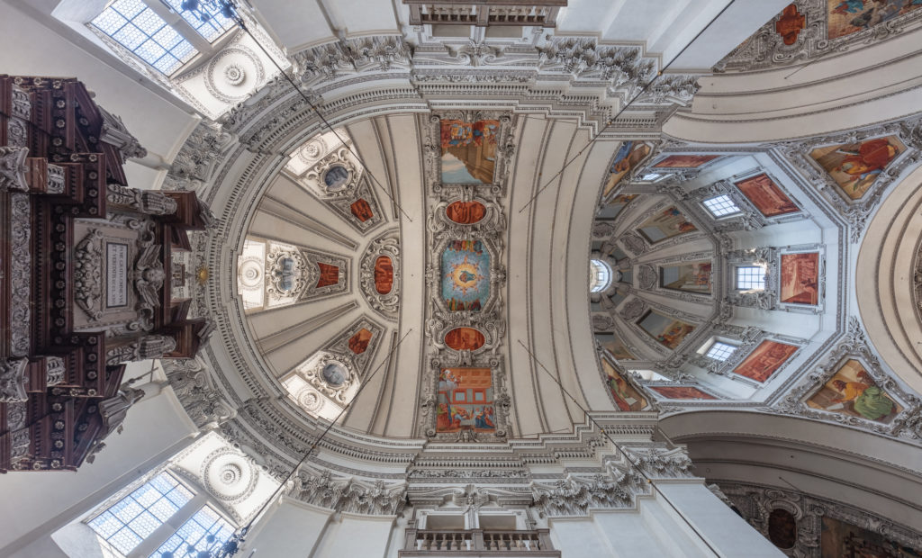 Dome of Salzburg Cathedral, Austria. The cathedral was founded in 774 and rebuilt in 1181 after a fire but it become its present Baroque style appearance under Prince-Bishop Wolf Dietrich von Raitenau in the 17th century.