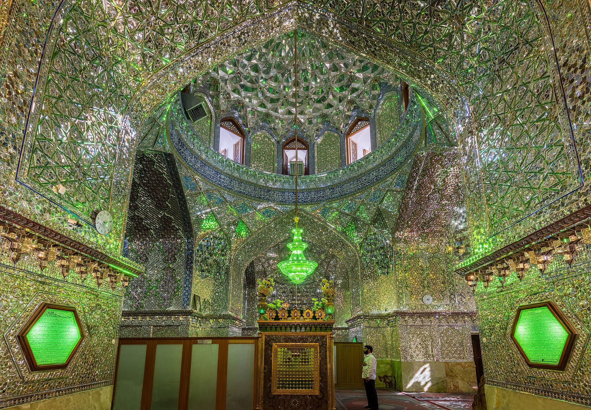 Interior of Mausoleum of Emir Ali, Shiraz, Iran. The current temple was built in the 19th century to replace the former one damaged over the centuries due to earthquakes. In this site rest the remains of Ali Ibn Hamz, nephew of shah of Cheragh.