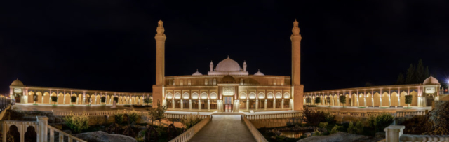 Panoramic night view of the Juma (Friday) Mosque, Shamakhi, Azerbaijan. This mosque, built in 743, is considered the first one in the Caucasus after the Friday mosque of Derbent (constructed in 734). It was built during the governance period of Caliphate's vicar in the Caucasus and Dagestan. The mosque underwent numerous damages due to plunderings, earthquakes and wars and was lately reconstructed in 2009.