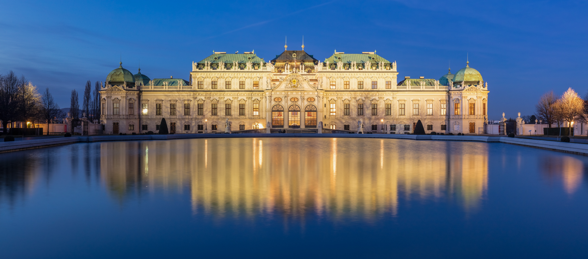 View of the Upper Belvedere Palace during the blue hour, Vienna, Austria.