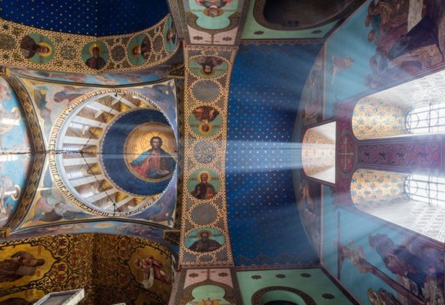 Ceiling of the Sioni Cathedral, a Georgian Orthodox cathedral in Tbilisi, capital of Georgia. The cathedral is situated in historic Sionis Kucha (Sioni Street) in downtown Tbilisi. It was initially built in the 6th and 7th centuries. Since then, it has been destroyed by foreign invaders and reconstructed several times. The current church is based on a 13th-century version with some changes from the 17th to 19th centuries. The Sioni Cathedral was the main Georgian Orthodox Cathedral and the seat of Catholicos-Patriarch of All Georgia until the Holy Trinity Cathedral was consecrated in 2004.