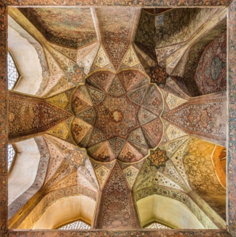 Ceiling in one of the rooms of Hasht Behesht, Isfahan, Iran. The palace, built in 1669, and which name means "Eight Heavens" is the only one left today out of forty mansions that existed during the rule of Safavids.