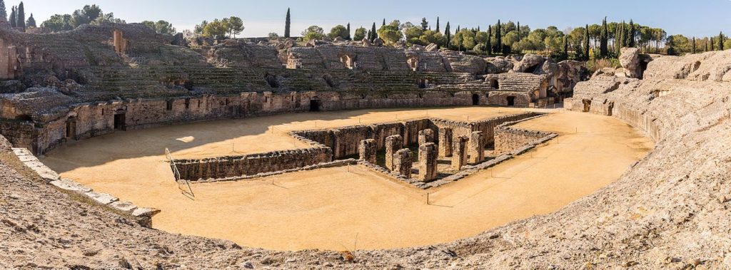 Amphitheater of the ancient roman city of Italica, in modern-day Santiponce, near Seville, Spain.