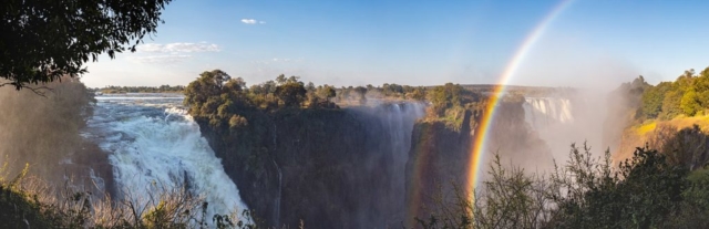 Victoria Falls of the Zambezi River, border between Zambia (left side) and Zimbabwe (right side).