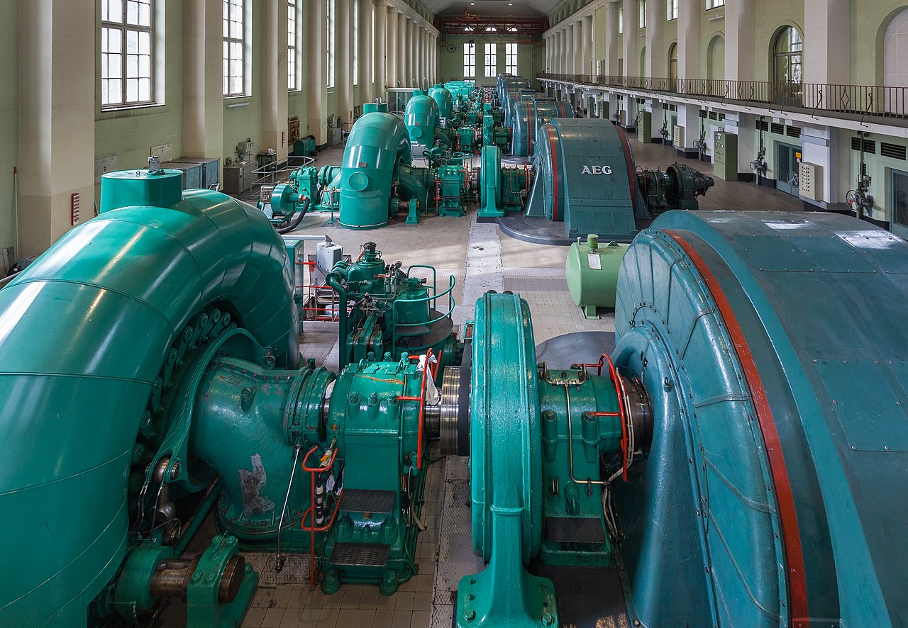 Turbines room of the Walchensee Hydroelectric Power Station, Kochel, Bavaria, Germany.