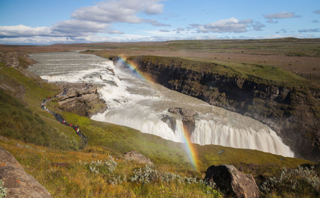 Rainbow over Gullfoss ("Golden Falls" in Icelandic), a waterfall located in the canyon of the Hvítá river, Iceland.