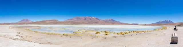 Panoramic view of Laguna Hedionda, Nor Lípez Province southwestern Bolivia. The lagoon lies at an altitude of 4,121 metres (13,520 ft) and occupies an area of 3 square kilometres (1.2 sq mi).
