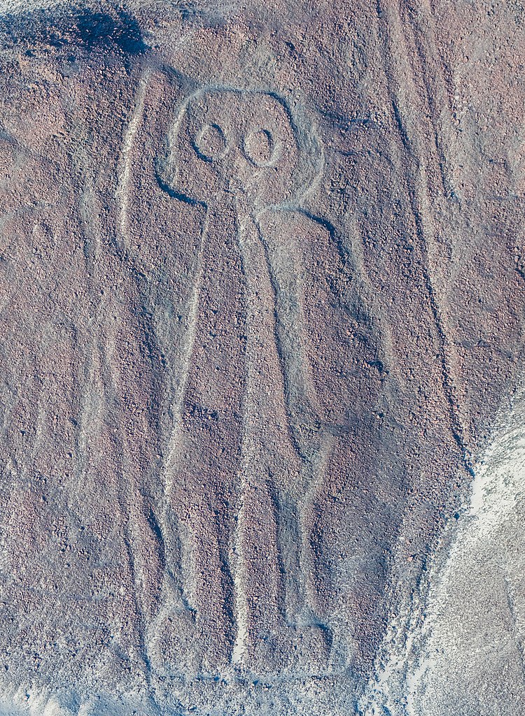 Aerial view of the "Owlman" aka "Astronaut", the most enigmatic geoglyph of the Nazca Lines, which are located in the Nazca Desert in southern Peru. The geoglyphs of this UNESCO World Heritage Site (since 1994) are spread over a 80 km (50 mi) plateau between the towns of Nazca and Palpa and are, according to some studies, between 500 B.C. and 500 A.D. old.