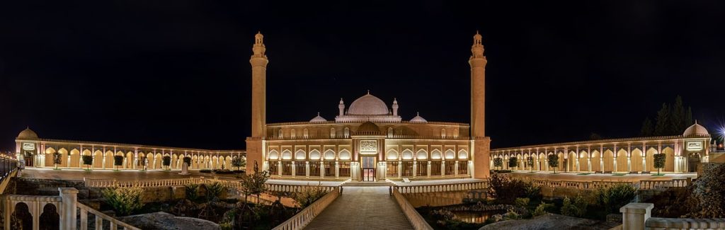 Panoramic night view of the Juma (Friday) Mosque, Shamakhi, Azerbaijan. This mosque, built in 743, is considered the first one in the Caucasus after the Friday mosque of Derbent (constructed in 734). It was built during the governance period of Caliphate's vicar in the Caucasus and Dagestan. The mosque underwent numerous damages due to plunderings, earthquakes and wars and was lately reconstructed in 2009.