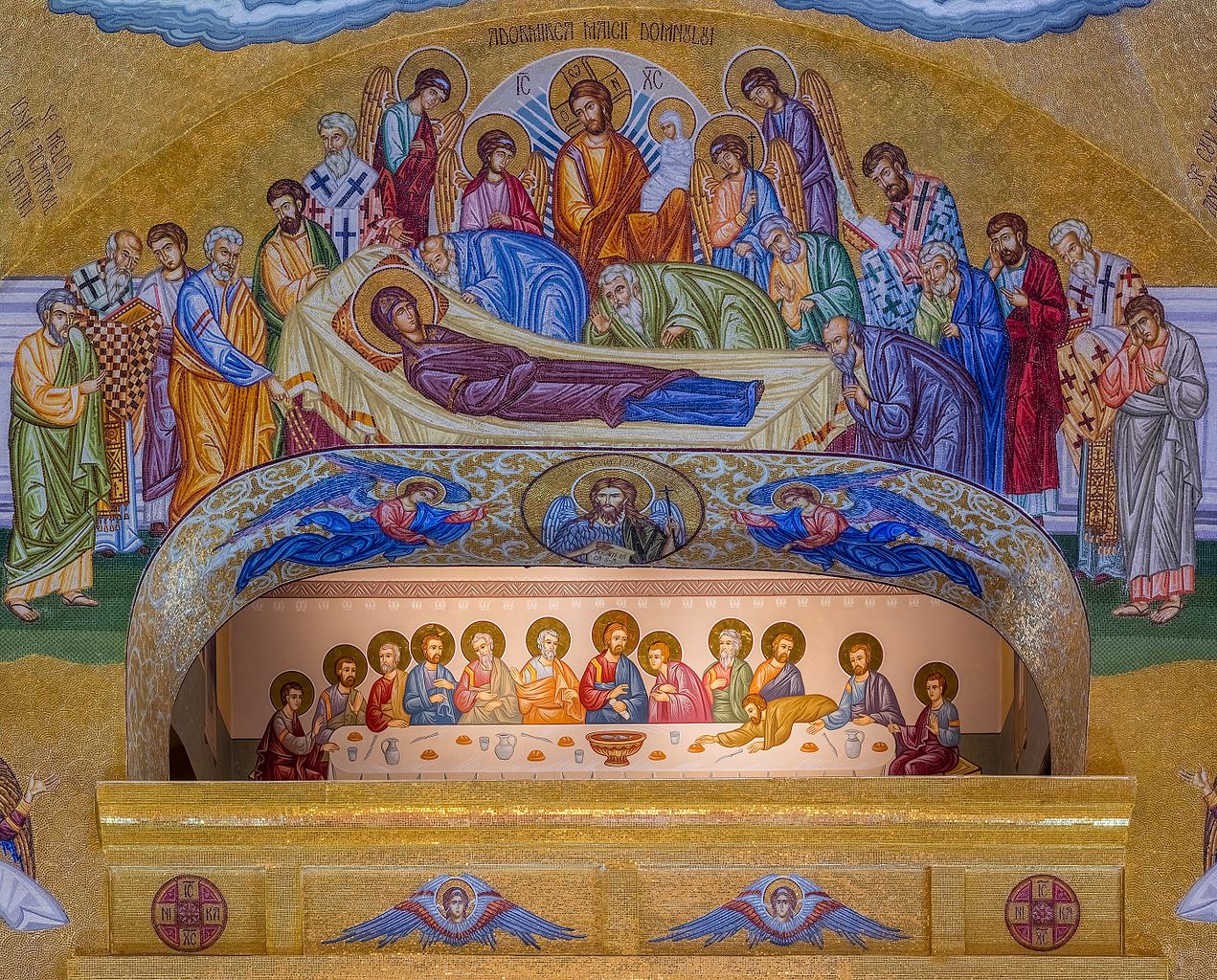 Painting of the Last Supper and mosaic of the Death of the Virgin, Cocoș Monastery, Romania. The monastery, located in a forest clearing 6 km of Niculițel, was built between 1883 and 1913 and is dedicated to the Dormition of the Theotokos.