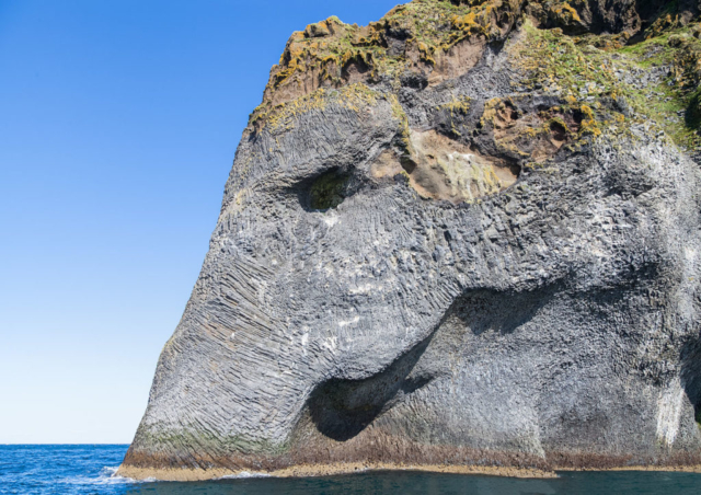 Elephant Rock in the cliffs of the island Heimaey, Westman Islands, Suðurland, Iceland.