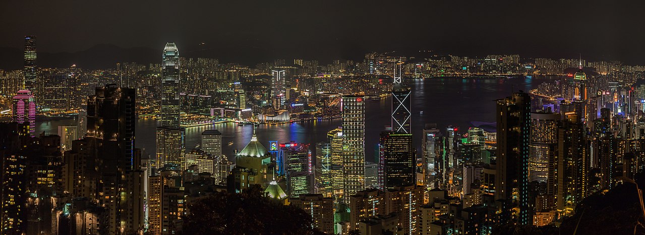 View of Victoria Harbour from Victoria Peak, Hong Kong, China.