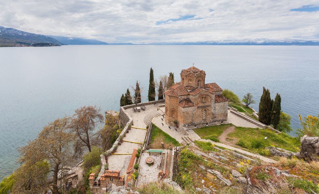 The Macedonian Orthodox church of Saint John at Kaneo, located on the cliff over the Kaneo Beach at the Ohrid Lake nearby the city of Ohrid, North Macedonia, is a pilgrimage iman in the country.